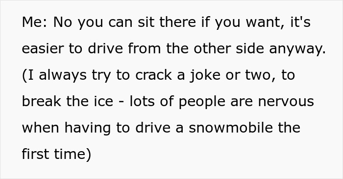 Text explaining the woman guide's interaction with the Saudi Dad, driving a snowmobile for the Arctic tour. Text explaining the woman guide's interaction with the Saudi Dad, driving a snowmobile for the Arctic tour.