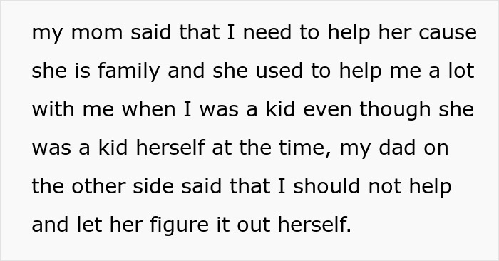 Man denies aunt money; parents disagree on helping her. Man denies aunt money; parents disagree on helping her.