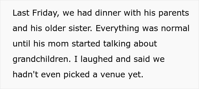 Screenshot of text discussing a dinner where future in-laws mentioned grandchildren, impacting a woman's engagement plans.