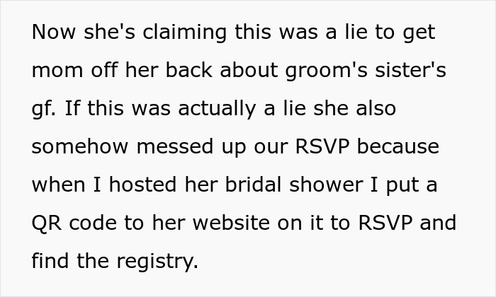 Bride keeps bridesmaid&rsquo;s BF off the wedding guest list; sister spreads rumors.