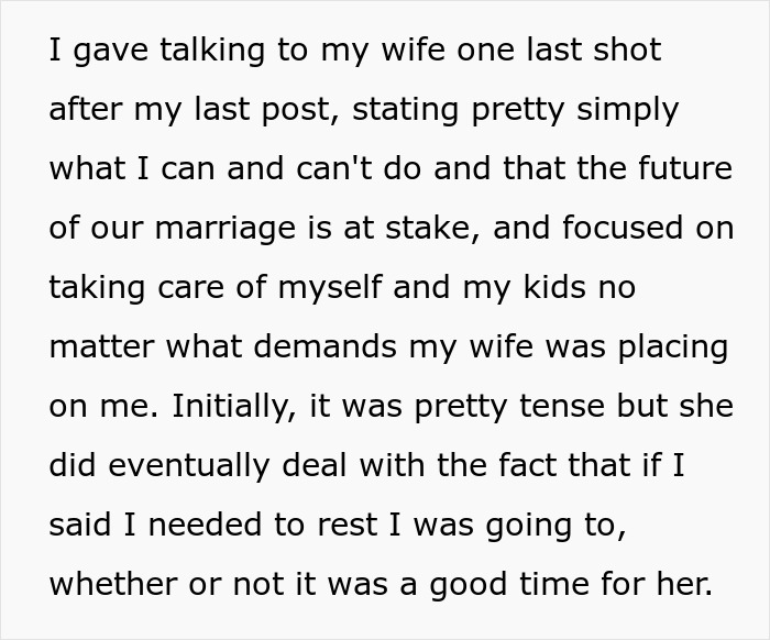 Man horrified by cancer effects, postpartum wife expects him to slog at home, talking to wife, marriage.