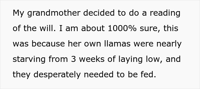 Text snippet explaining grandmother's decision to read the will due to nearly starving llamas. Text snippet explaining grandmother's decision to read the will due to nearly starving llamas.