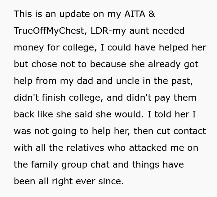 Screenshot of an update about an aunt who needed money for college but didnt pay back. The man denies her money. Screenshot of an update about an aunt who needed money for college but didnt pay back. The man denies her money.