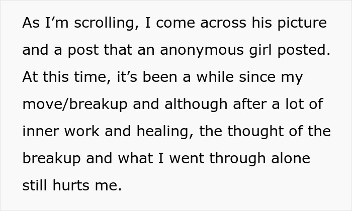 Text snippet about seeing a picture and anonymous post, and the lingering pain of a breakup from a man who hides his baby.