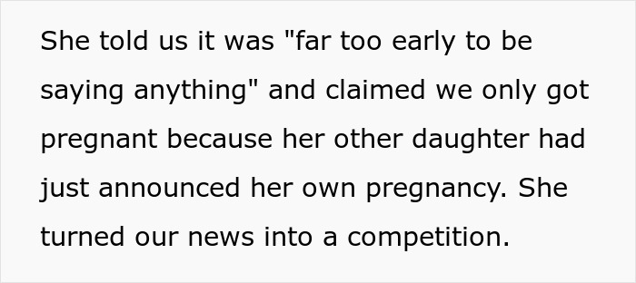 Text describing MIL turning DIL's pregnancy into a competition and lack of sympathy for miscarriage. Text describing MIL turning DIL's pregnancy into a competition and lack of sympathy for miscarriage.