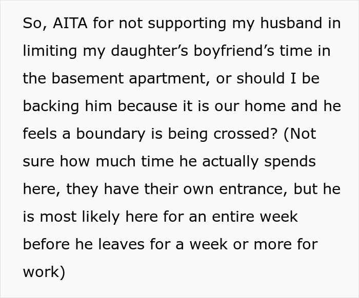 A woman questions if she's wrong for not supporting her husband's plan to charge her daughter's boyfriend rent. A woman questions if she's wrong for not supporting her husband's plan to charge her daughter's boyfriend rent.