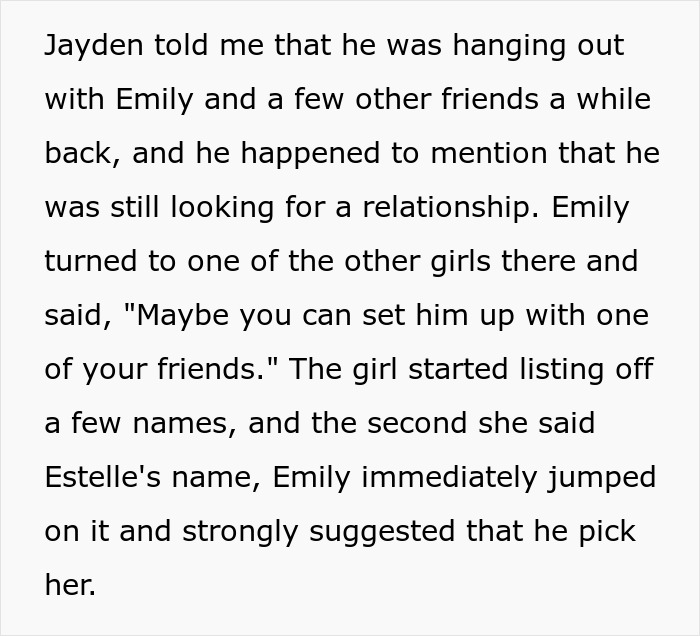 Text snippet explaining Jayden's friends trying to set him up, mentioning acquaintance's cheating GF.