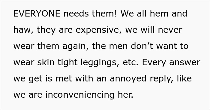 A text box describing MIL's insistence on specific leggings for Thanksgiving, despite their cost and impracticality. A text box describing MIL's insistence on specific leggings for Thanksgiving, despite their cost and impracticality.