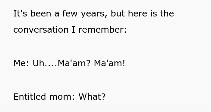 Text showing the conversation starter where the instructor tried to stop the entitled mom who treated the class as free daycare. Text showing the conversation starter where the instructor tried to stop the entitled mom who treated the class as free daycare.