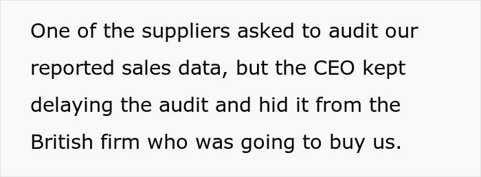 Text describing how a CEO delays an audit and hides fraud from new owners. Text describing how a CEO delays an audit and hides fraud from new owners.