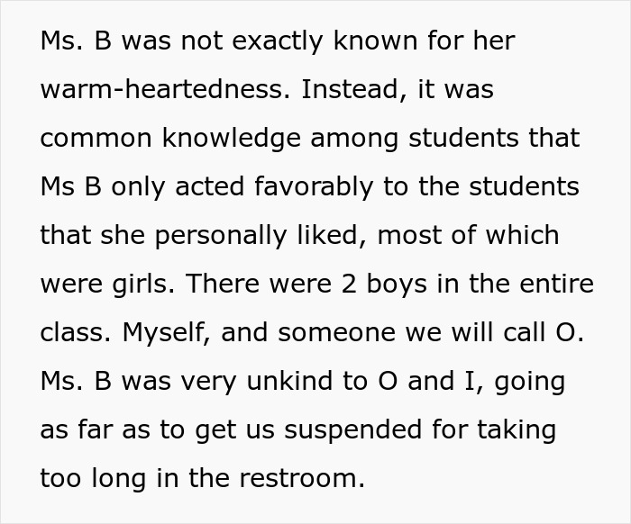 Text snippet discussing a teacher's unkind behavior towards students, specifically two boys, leading to their suspension. Text snippet discussing a teacher's unkind behavior towards students, specifically two boys, leading to their suspension.