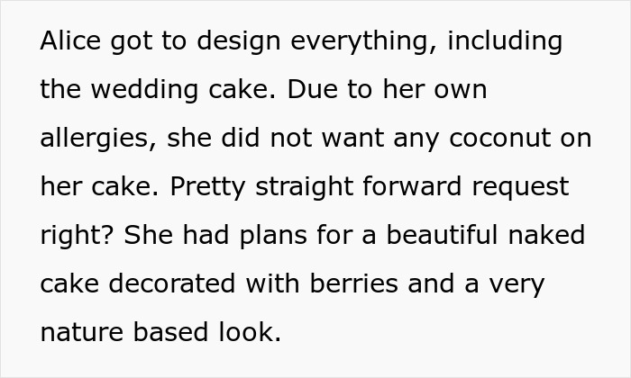 Alice designed her wedding cake, opting for a naked cake with berries due to allergies, saving the day. Alice designed her wedding cake, opting for a naked cake with berries due to allergies, saving the day.
