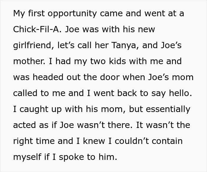 The author avoids the serial cheater and his new girlfriend at Chick-Fil-A, still hiding the secret kid. The author avoids the serial cheater and his new girlfriend at Chick-Fil-A, still hiding the secret kid.