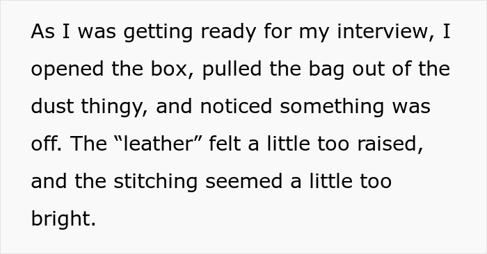 A woman opens a box, pulls out a designer bag, and notices something is off with the leather and stitching. The bag may be a fake. A woman opens a box, pulls out a designer bag, and notices something is off with the leather and stitching. The bag may be a fake.