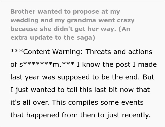 An update about a brother wanting to propose at a wedding, with a content warning for threats and actions of harm.