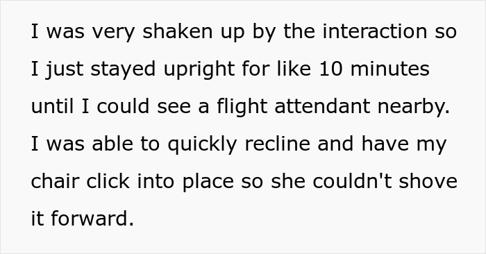 Text detailing the strategy to quickly recline a seat to prevent a stranger from physically stopping it.