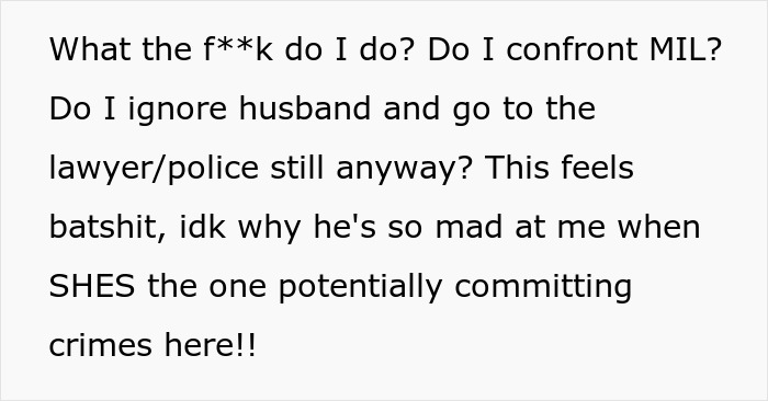 Screenshot of text asking for advice on confronting MIL or going to police about a plan to make DIL have kids.