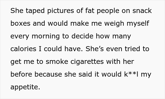 A teen escapes controlling mom, sharing how her mom taped fat people pictures on snacks and encouraged smoking. A teen escapes controlling mom, sharing how her mom taped fat people pictures on snacks and encouraged smoking.