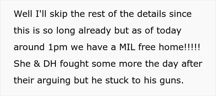 Man's shiny spine: text update on kicking mom out, mentioning a MIL-free home and arguments. Man's shiny spine: text update on kicking mom out, mentioning a MIL-free home and arguments.