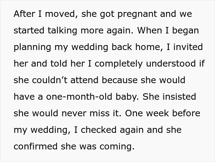 Text detailing how the influencer bestie confirmed attendance at the bride's wedding day, despite having a newborn. Text detailing how the influencer bestie confirmed attendance at the bride's wedding day, despite having a newborn.