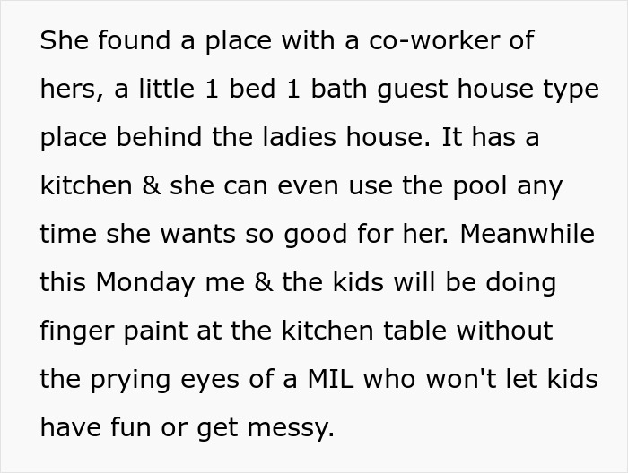 Man's shiny spine: text details mom found a guest house and kids will finger paint without MIL's prying eyes. Man's shiny spine: text details mom found a guest house and kids will finger paint without MIL's prying eyes.