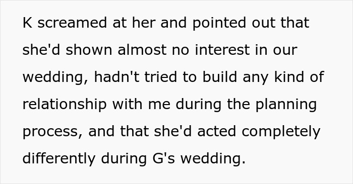 Screenshot of text describing K confronting his MIL for causing a family feud about the childfree wedding. Screenshot of text describing K confronting his MIL for causing a family feud about the childfree wedding.