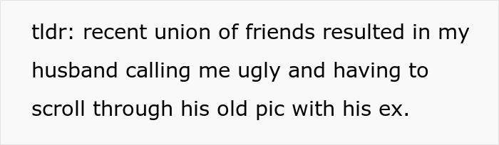 A woman scrolls through her husband's old pics with his ex, after he called her ugly. A woman scrolls through her husband's old pics with his ex, after he called her ugly.