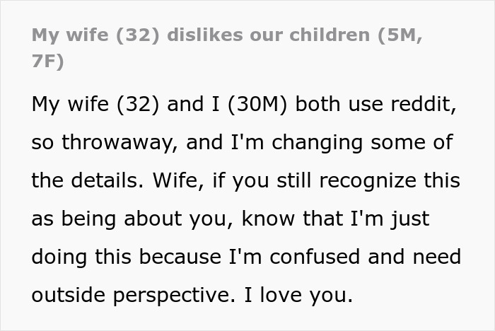 Screenshot of Reddit post: My wife (32) dislikes our children (5M, 7F), discussing having kids.