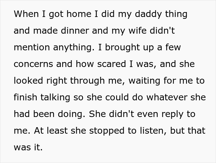 Text describing the guy's horror as his postpartum wife expects him to slog at home, ignoring his cancer.