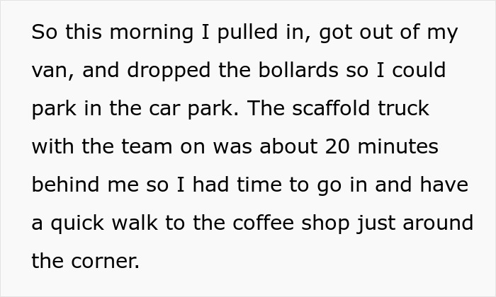 Text describing the process of lowering bollards for parking and then taking a walk, part of a parking war narrative.