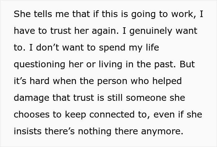 Text snippet: Cheating wife refuses to cut contact with other man, making it hard to trust her again. Text snippet: Cheating wife refuses to cut contact with other man, making it hard to trust her again.