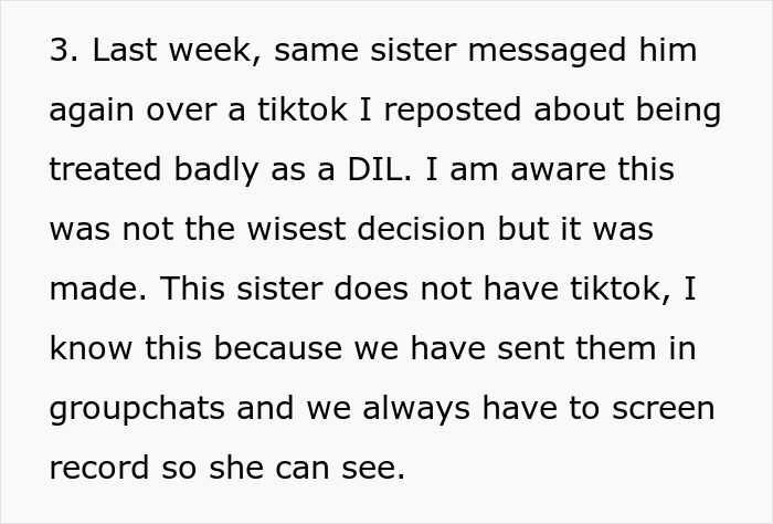 Text snippet detailing a sister-in-law's reaction to a TikTok about being a DIL. Text snippet detailing a sister-in-law's reaction to a TikTok about being a DIL.