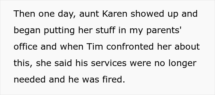 A screenshot of text describing Aunt Karen's arrival and firing Tim, the production manager. A screenshot of text describing Aunt Karen's arrival and firing Tim, the production manager.