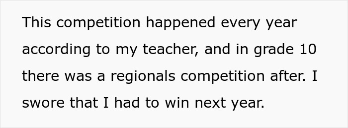 Text snippet about Mom's sexist remarks against a teenage girl, showing a determination to win a future competition. Text snippet about Mom's sexist remarks against a teenage girl, showing a determination to win a future competition.