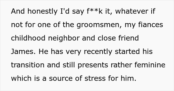 Text discussing a bride forbidding her brother from wearing a dress to a wedding, mentioning a trans friend. Text discussing a bride forbidding her brother from wearing a dress to a wedding, mentioning a trans friend.