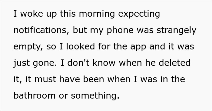 Text snippet: BF deleting her phone app, woman discovers her phone app is gone. Text snippet: BF deleting her phone app, woman discovers her phone app is gone.