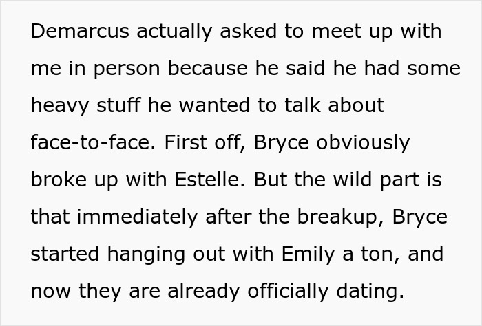 Text describing the guy refusing to expose his acquaintance's cheating girlfriend and being iced out of the friend group.