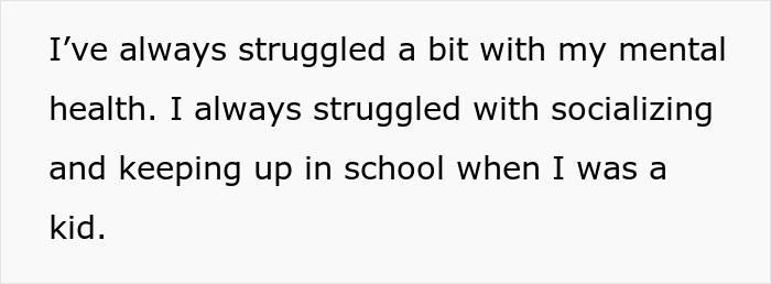Text post discussing the man's struggles with mental health and socializing, leading to his autism diagnosis. Text post discussing the man's struggles with mental health and socializing, leading to his autism diagnosis.