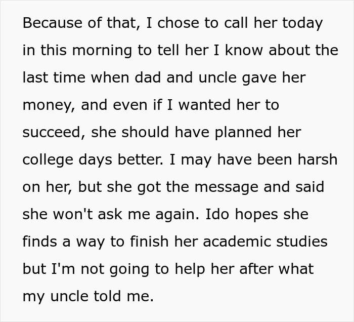 Screenshot of text where the man tells his aunt he won't give her money after she asked for money again. Screenshot of text where the man tells his aunt he won't give her money after she asked for money again.