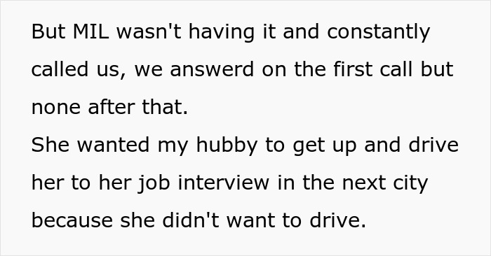 Text detailing MIL demands a four-hour ride before sunrise for a job interview, expecting her son to drive. Text detailing MIL demands a four-hour ride before sunrise for a job interview, expecting her son to drive.