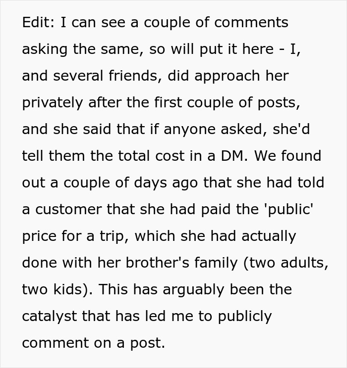A screenshot explaining how a travel influencer lied about solo trips and budget, leading to public comments. A screenshot explaining how a travel influencer lied about solo trips and budget, leading to public comments.