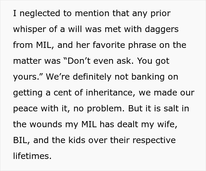 Text snippet explaining the mother-in-law's refusal to discuss a will and the family's expectation of no inheritance. Text snippet explaining the mother-in-law's refusal to discuss a will and the family's expectation of no inheritance.