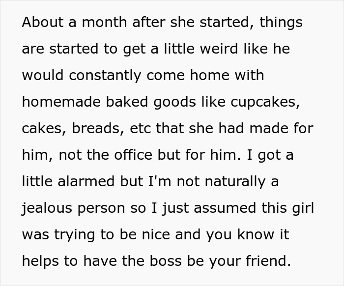 More text about a husband cheating on his pregnant wife with a coworker, describing her bringing him homemade baked goods. More text about a husband cheating on his pregnant wife with a coworker, describing her bringing him homemade baked goods.
