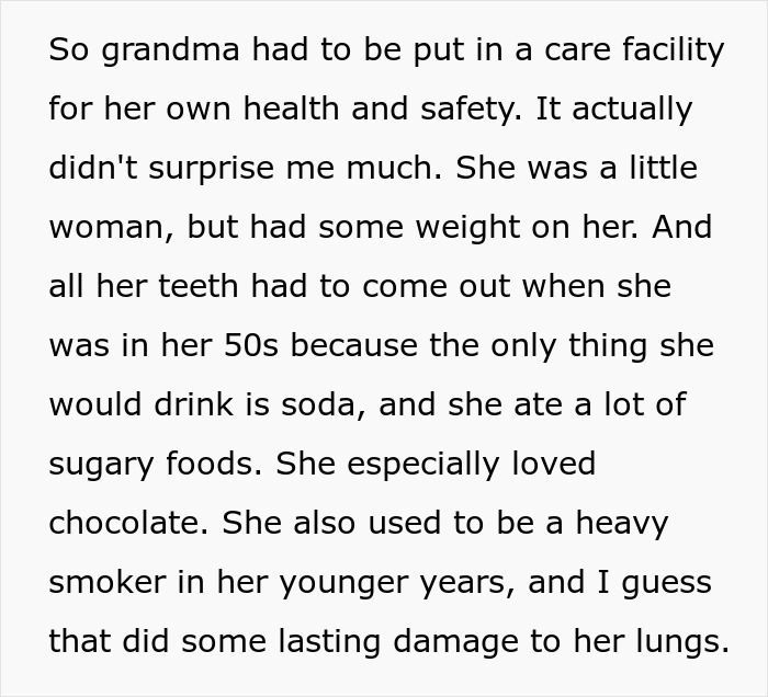 Entitled man's proposal drama: Grandma placed in care facility due to poor health, past habits revealed.