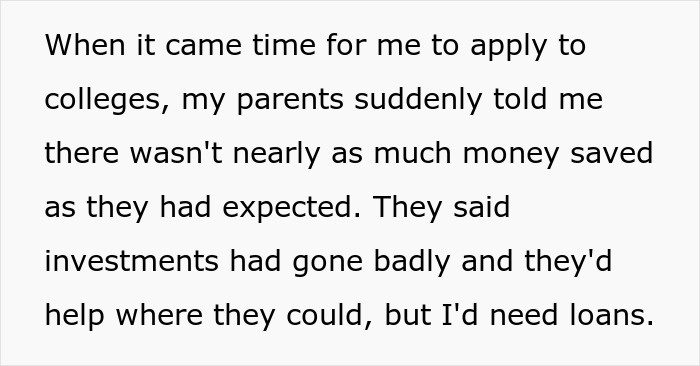 Screenshot of a Reddit post explaining that a woman's college fund was depleted due to bad investments, requiring loans. Screenshot of a Reddit post explaining that a woman's college fund was depleted due to bad investments, requiring loans.