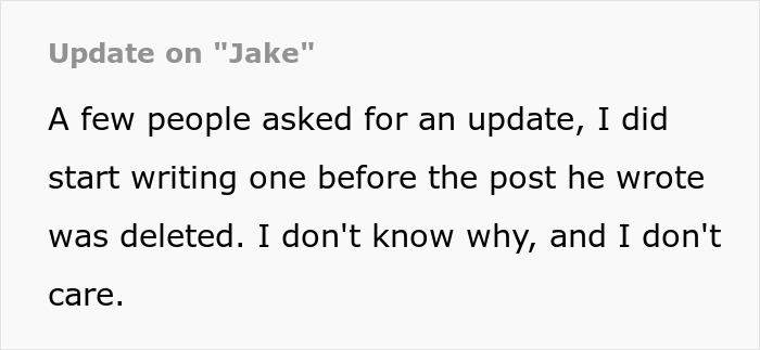 Screenshot of text about an update on Jake, following a friend's nanny post that creeps people out.