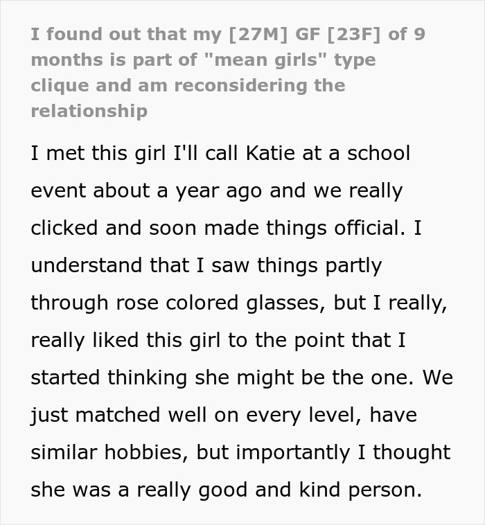 Text describing a relationship where the guy thought he met the one until an accidental peek at her phone.