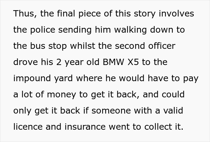 Text detailing the consequences of a parking war, with police taking a beloved BMW to an impound yard.