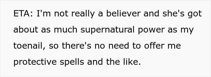 Crazy MIL witching around: Text stating disinterest in protective spells against the MIL's perceived supernatural power.