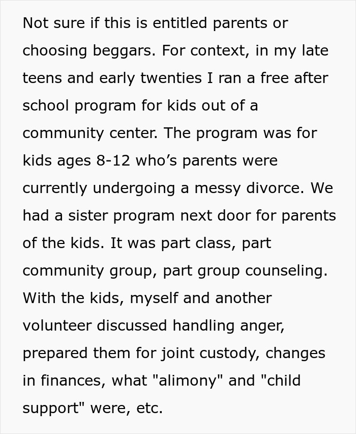 Text explaining a free after-school community class for kids with divorcing parents, detailing the program setup. Text explaining a free after-school community class for kids with divorcing parents, detailing the program setup.